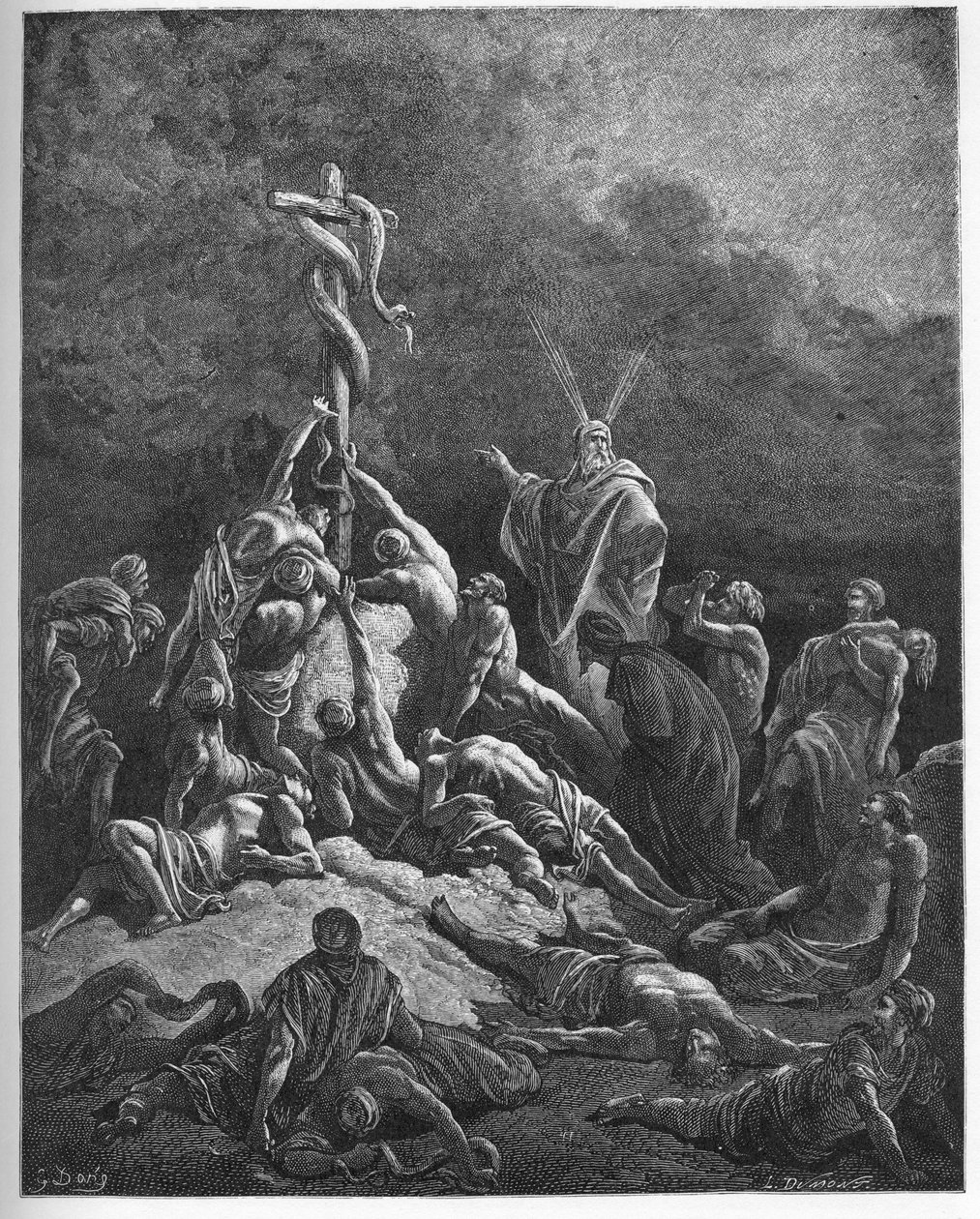 The brazen snake - "" The brazen snake"" - 2. Mosebok (nahash), transformasjonen av Moses stokk til en slange - Moses og den brazen slangen - - gravering i "" The Bible illustree"" av Gustave Dore ( 1832-1883) - Grav av Gustave Dore