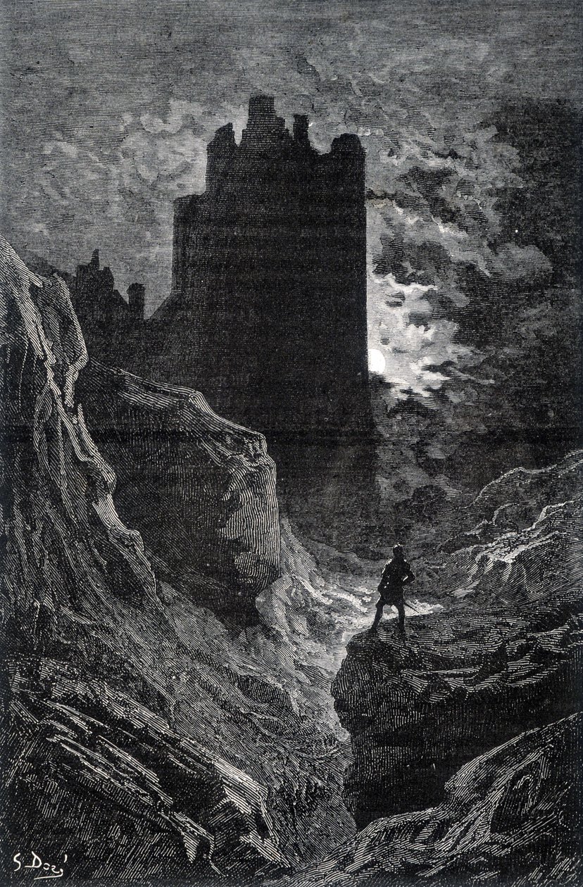 Fryktens slott - illustrasjon av frykt av Gustave Doré, gravering av Gustave Dore