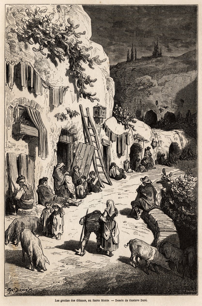 Hulene (underjordiske hus) til sigøynere, i Sacro Monte, i Granada. Tegning av Gustave Dore (1832-1883), for å illustrere hans reise til Spania i 1862, akkompagnert av Ch.Davillier. Gravering i "" Le tour du monde"", redigert av Edouard Charton av Gustave Dore