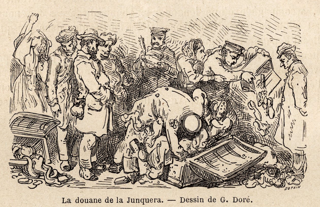Skikkene til junquera (by som ligger mellom Catalonia og provinsen Gerona), tegning av Gustave Dore (1832-1883), for å illustrere hans reise til Spania, med C. Davillier, i 1862. Gravering i "" Le tour du monde "", redigert av Edouard Charton av Gustave Dore