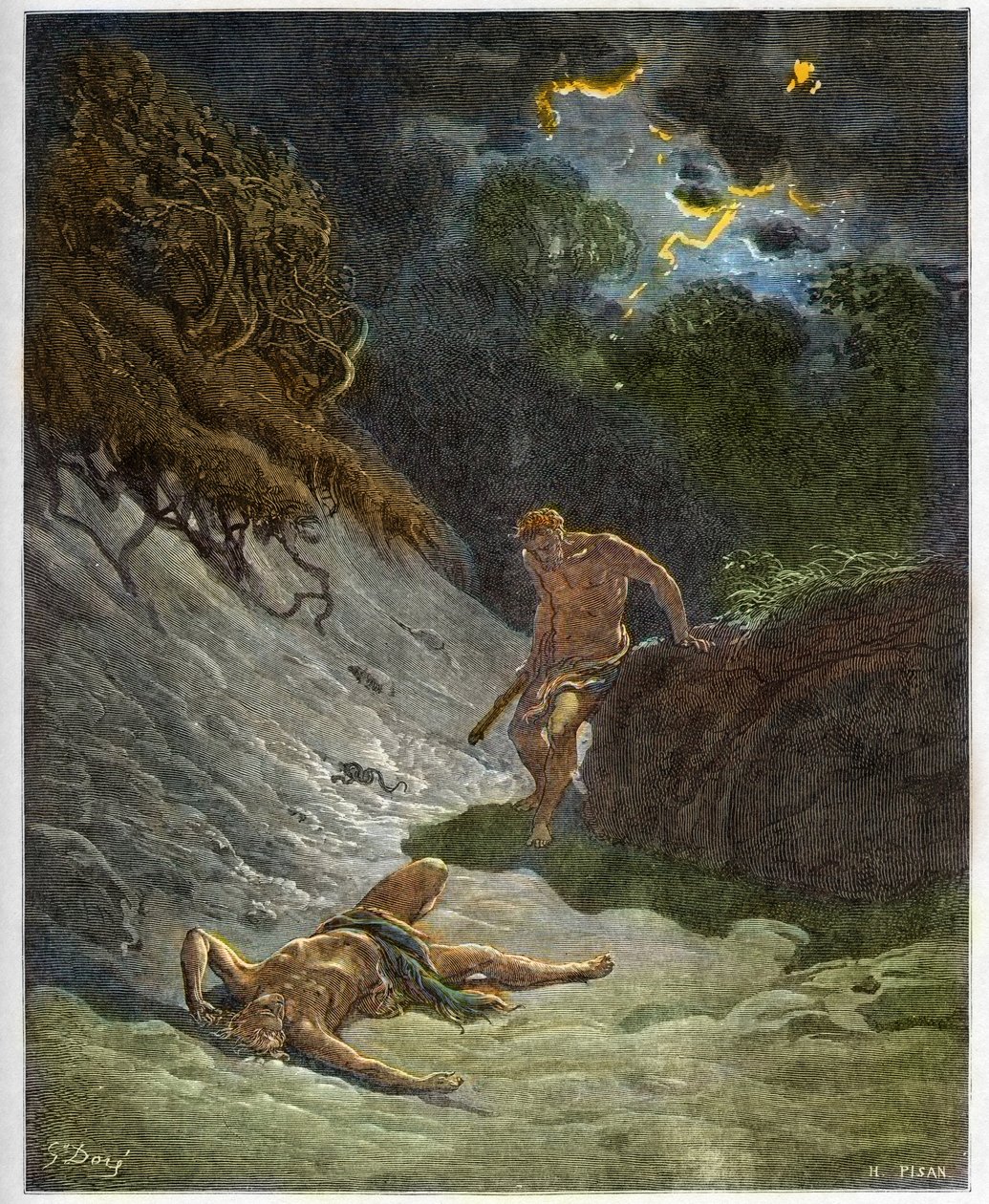 Abels død - Murder of Abel av Kain - gravering i "The Bible illustree" av Gustave Dore (1832-1883) - Gravering fra "" The Dore Bible"" av Gustave Dore