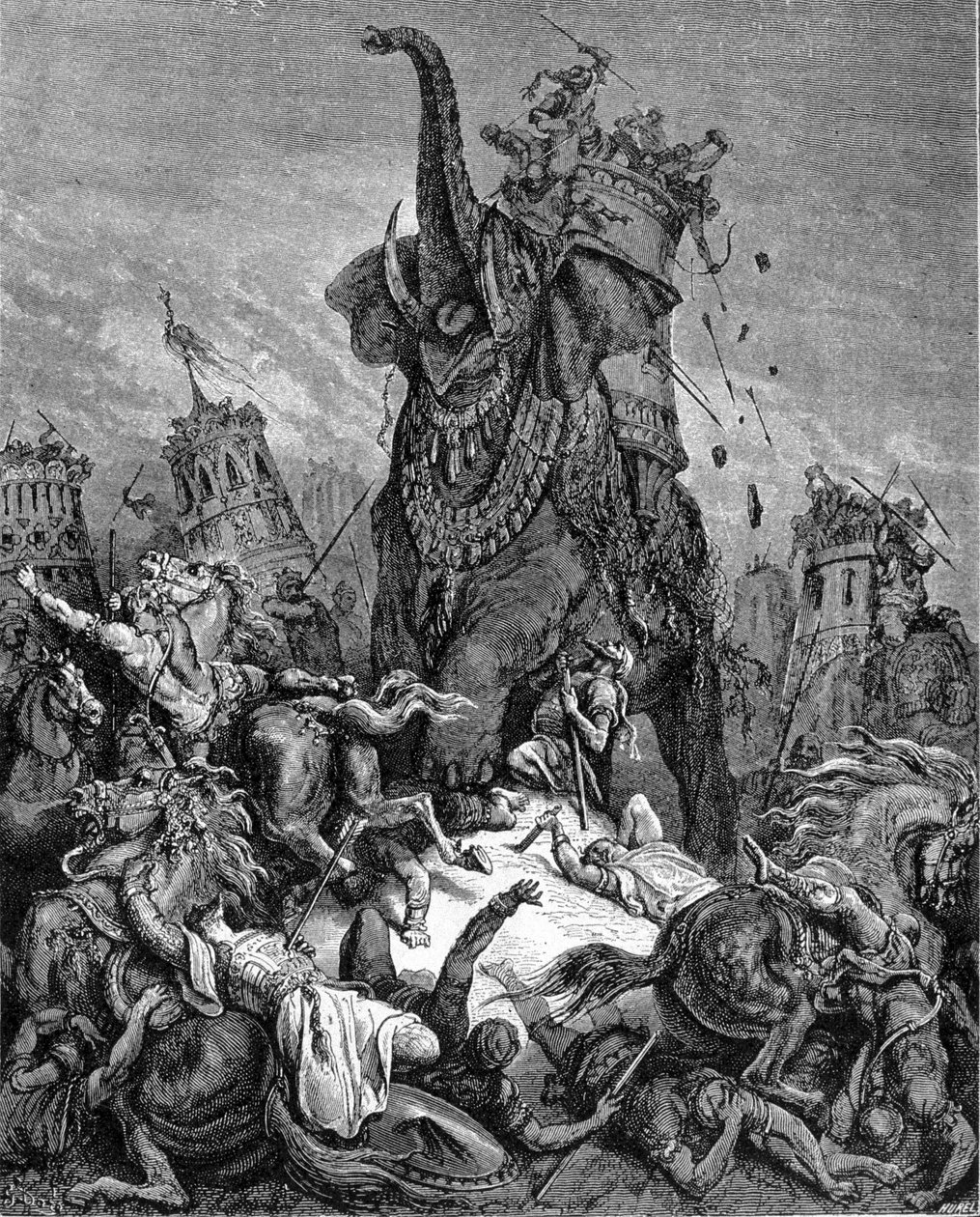 Døden til Eleazar Macchabee (Maccabee eller Macabee), ung bror til Judas Macchabee, under styre av Antiochos IV Epiphane (175-164 f.Kr.). Han er knust av en elefant. "Bibelen" illustrert av Gustave Dore. Gravering av 1800-tallet. av Gustave Dore