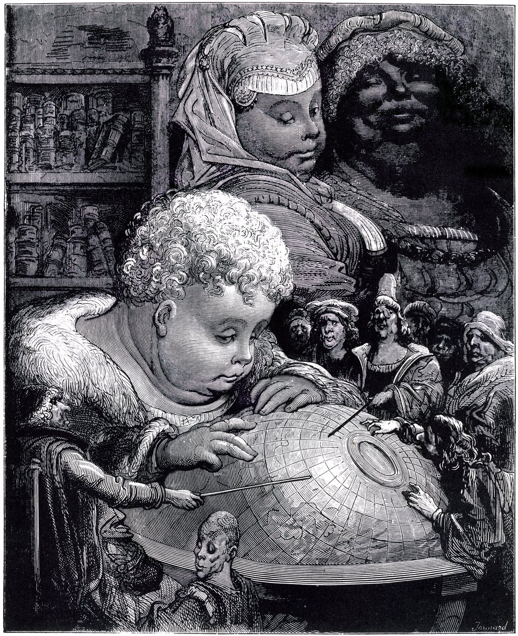 Utdannelsen til Gargantua: giganten, barnet, studerer en jordklode med lærerne sine, under øynene til foreldrene hans av Gustave Dore