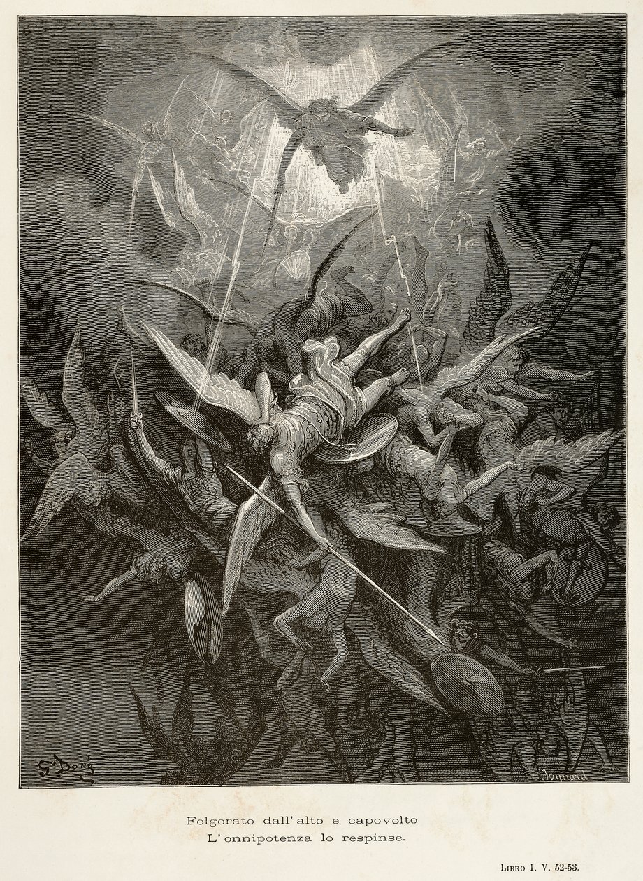 Englenes fall, scene fra Paradise Lost av John Milton (1608-1674), illustrasjon av Gustave Dore