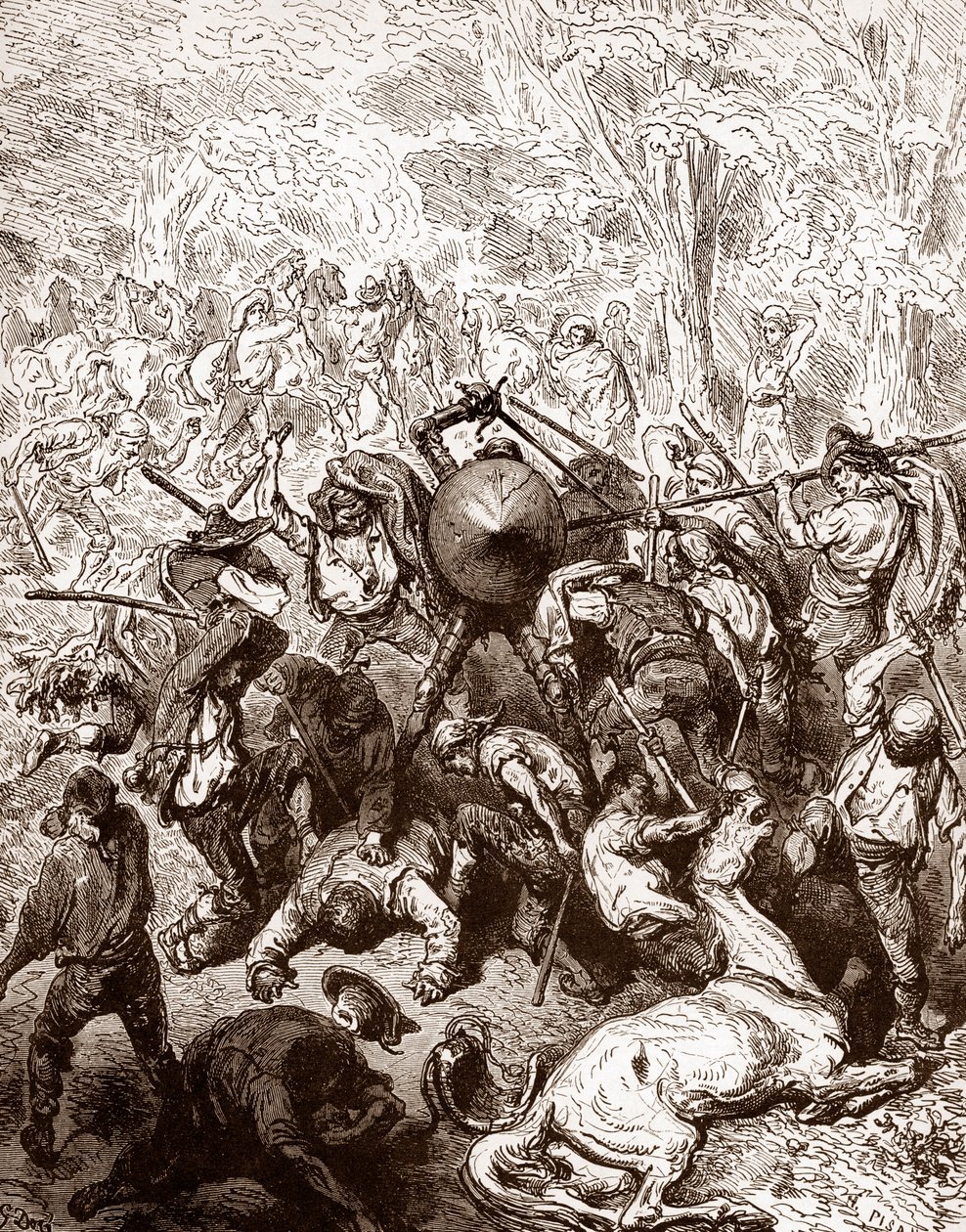 Kampen mot multererne fra Yanguas Gravering av Gustave Dore (1832-1883) for "The Ingenieux Hidalgo Don Quixotte de la Manche (Quixotte - Quijote)" av Miguel de Cervantes (1547-1616) 1863 Privat samling av Gustave Dore