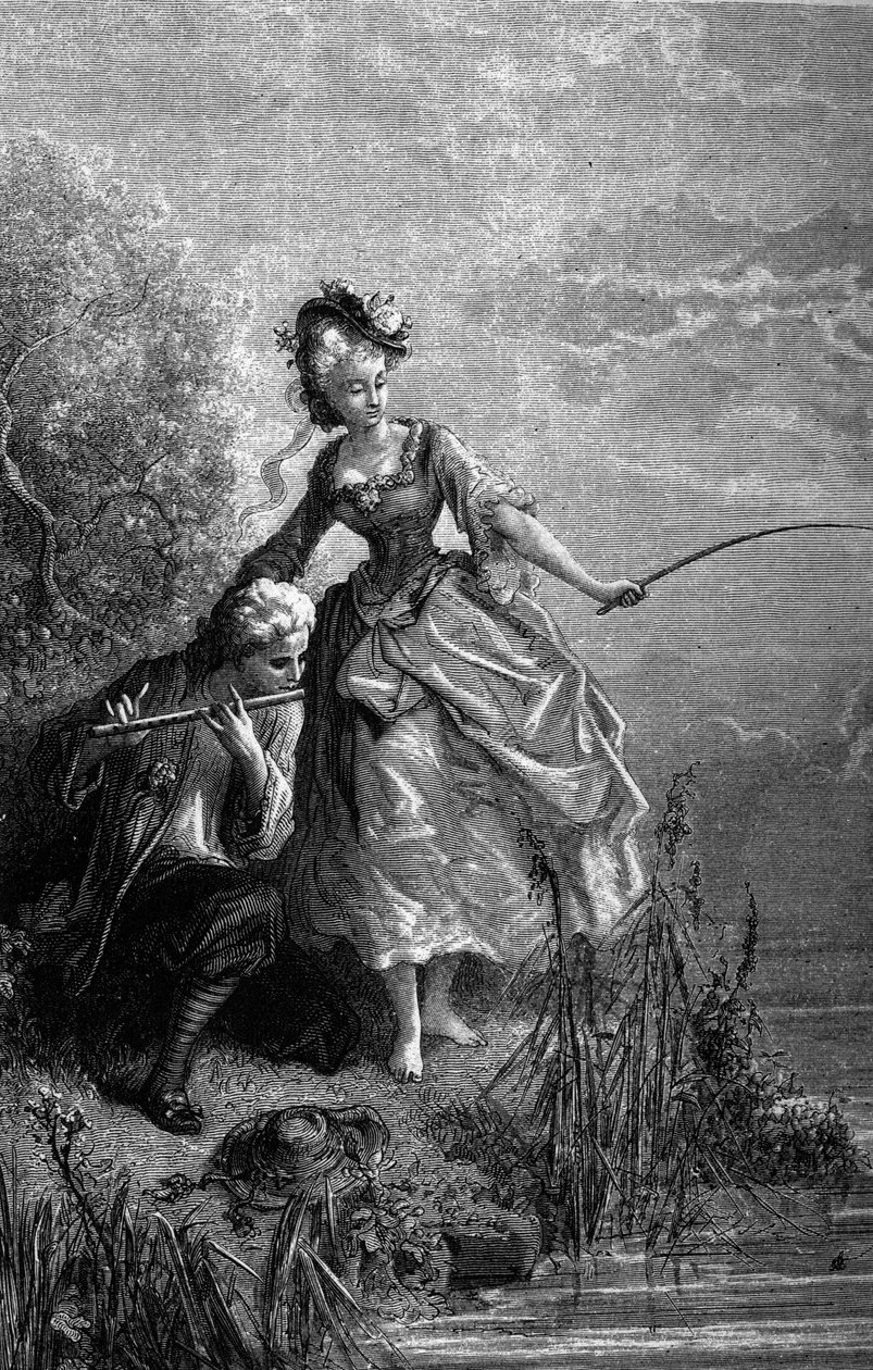 The fish and the shepherd playing the flute. The sound of the flute serves as bait. Fables by Jean de La Fontaine (1621-1695). Illustration by Gustave Dore. av Gustave Dore
