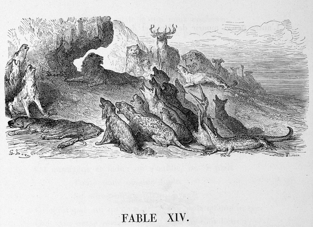 Begravelsen til løvinnen - i "" Fables"" de La Fontaine, ill. av Doré av Gustave Dore