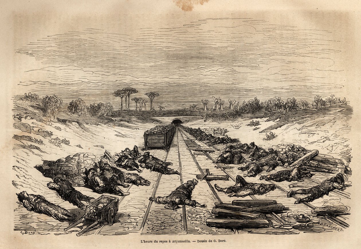 Hviletimen i Argamasilla, de mange jernbanearbeiderne som ligger på banen, hviler i full sol. Gravering for å illustrere reisen til Spania av Gustave Dore (1832-1883) illustratør og baron Ch. Davillier-reaktor, i 1862, publisert i "Le tour du monde, n av Gustave Dore