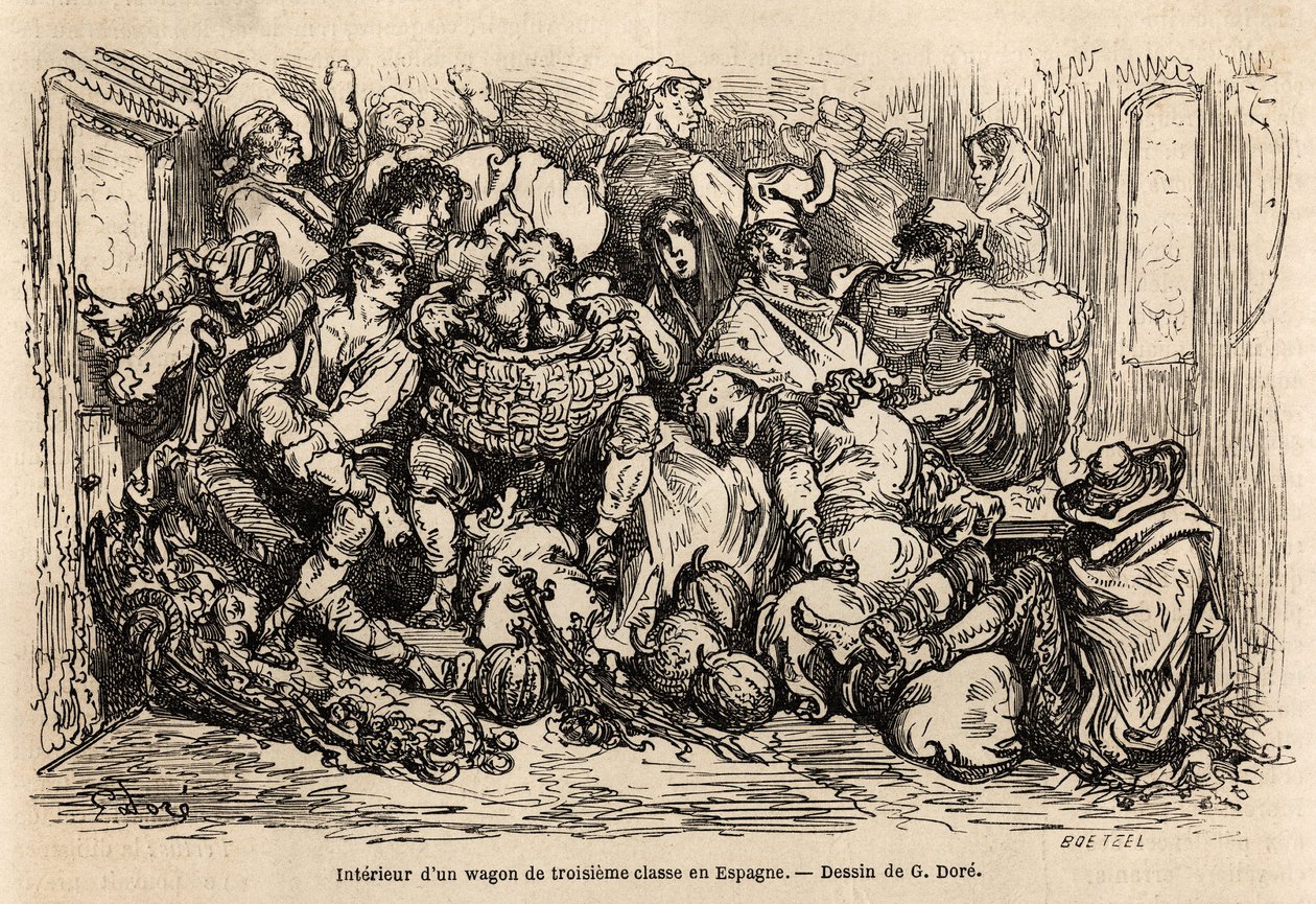 Interiøret til en tredjeklasses vogn i Spania, tegning av Gustave Dore (1832-1883), for å illustrere hans reise til Spania, med C. Davillier, i 1862. Gravering i "" Le tour du monde ", redigert av Edouard Charton av Gustave Dore
