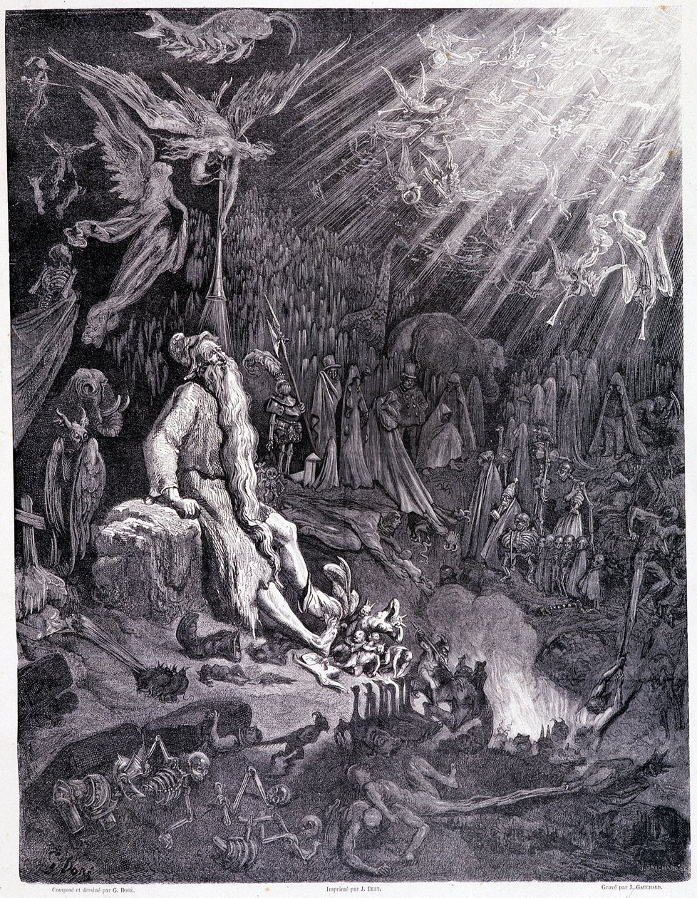 Den siste dommen vil avslutte din pine... Plate XII - Illustrasjon av Gustave Dore (1832-1883), for La legende du jeif wandering av Pierre Dupont, utgave Librairie du magasin picturesque, Paris 1862 av Gustave Dore