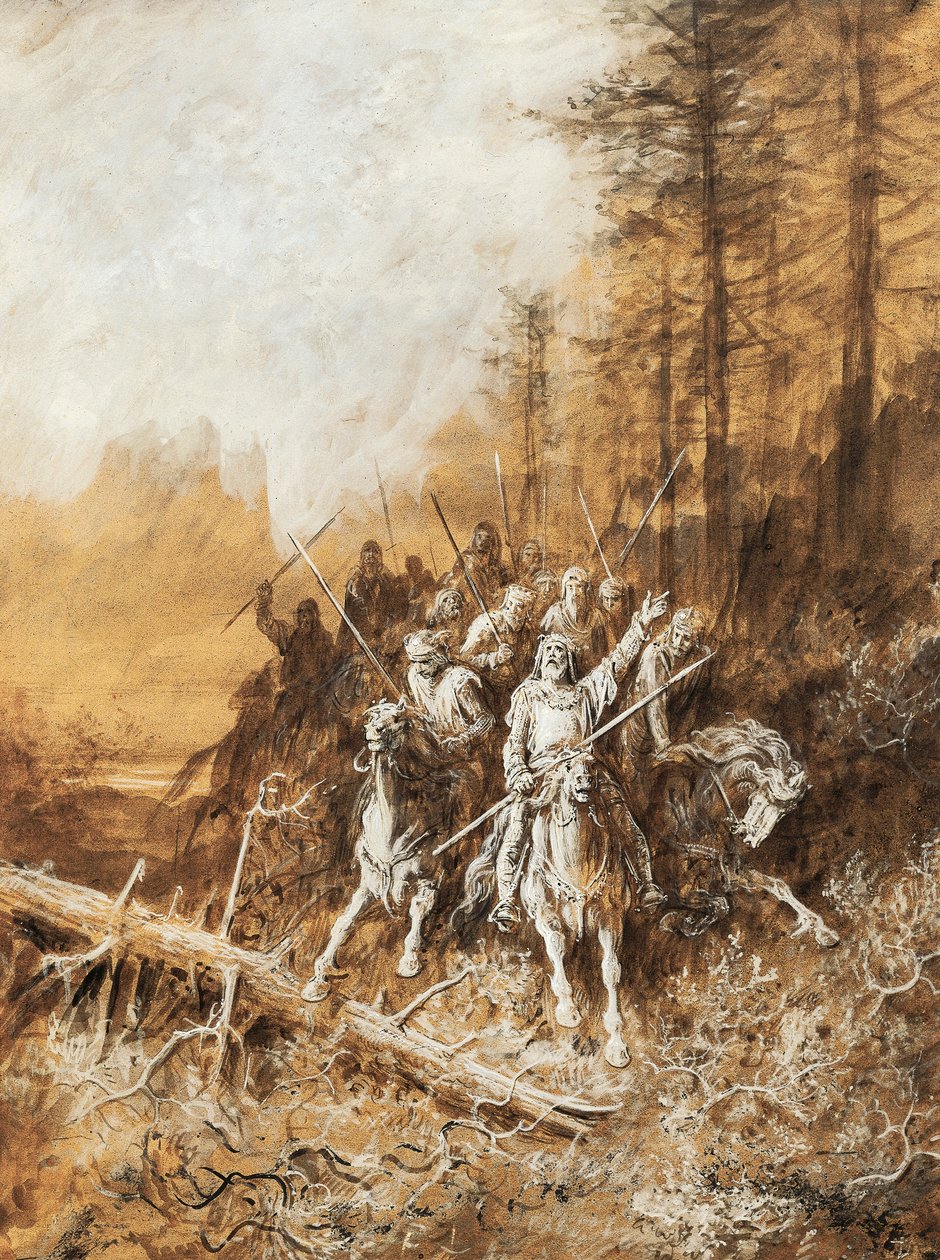 The march of knights, illustrasjon for serier med dikt, Idylls of King av Albert Tennyson (1809-1892), akvarell av Gustave Dore