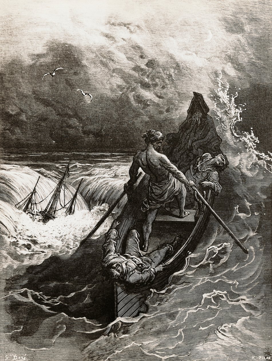 Sjømannen, fra Rime of the Ancient Mariner, dikt av Samuel Taylor Coleridge (1772-1834), illustrasjon av Gustave Dore