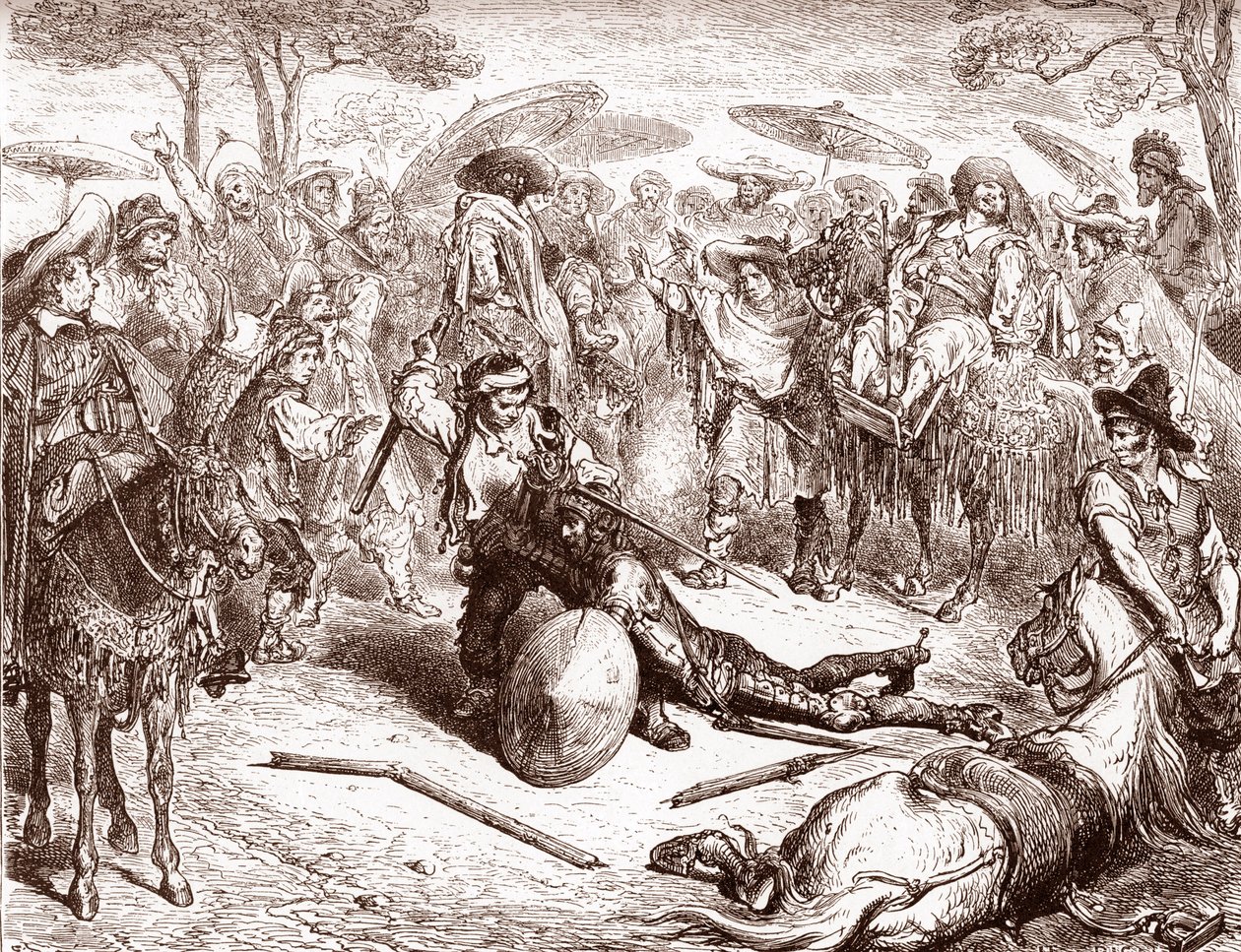 Kjøpmennene i Toledo ser på mens en av muldyrførerne deres slår Don Quijote Gravering av Gustave Dore (1832-1883) for "The Ingenieux Hidalgo Don Quixote Quixote" av Miguel de Cervantes (1547-1616)) 1863 Privat samling av Gustave Dore