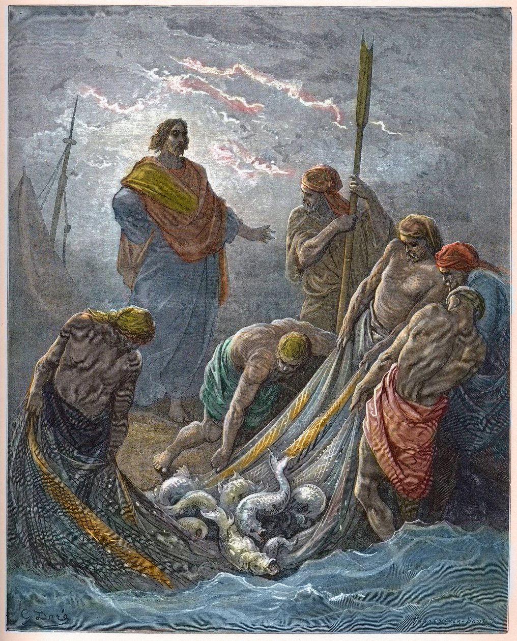 Det mirakuløse trekk av fisk - Mirakuløst fiske - - Gravering i "The Bible illustree" av Gustave Dore (1832-1883) - Gravering fra "" The Dore Bible"" av Gustave Dore