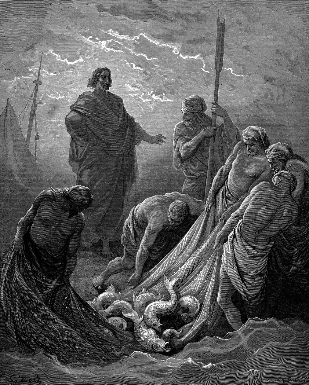 Det mirakuløse trekk av fisk. Lukas: 5:6. Fra Gustave Dores illustrerte bibel 1865 av Gustave Dore