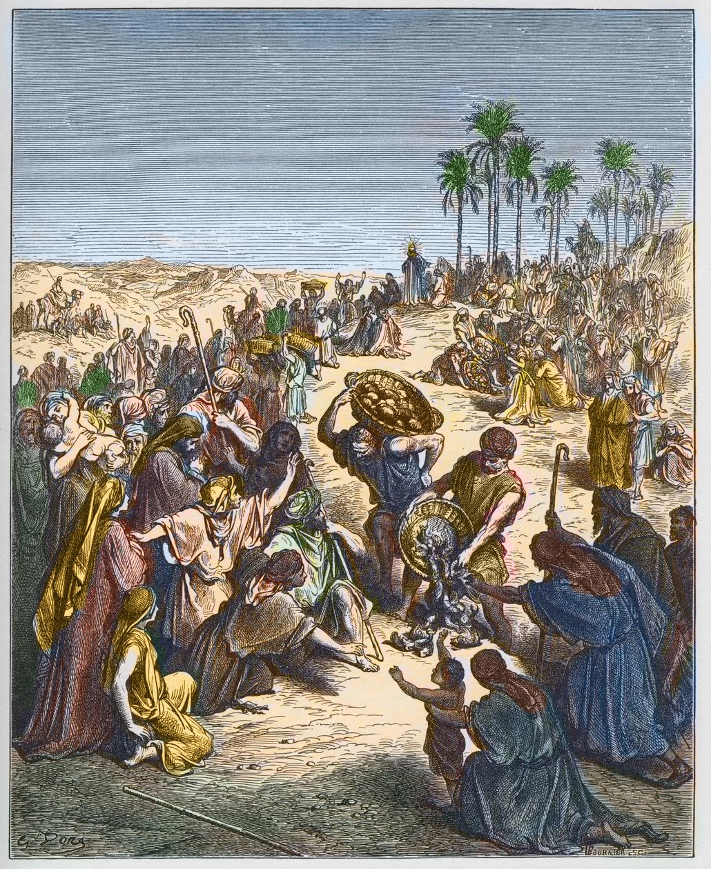 Multiplikasjonen av brød - Kristus mater mengden (Abundance Bread Christianity Crowd Engraving Fish) - gravering i "The Bible illustree" av Gustave Dore (1832-1883) - Gravering fra "" The Dore Bible"" av Gustave Dore