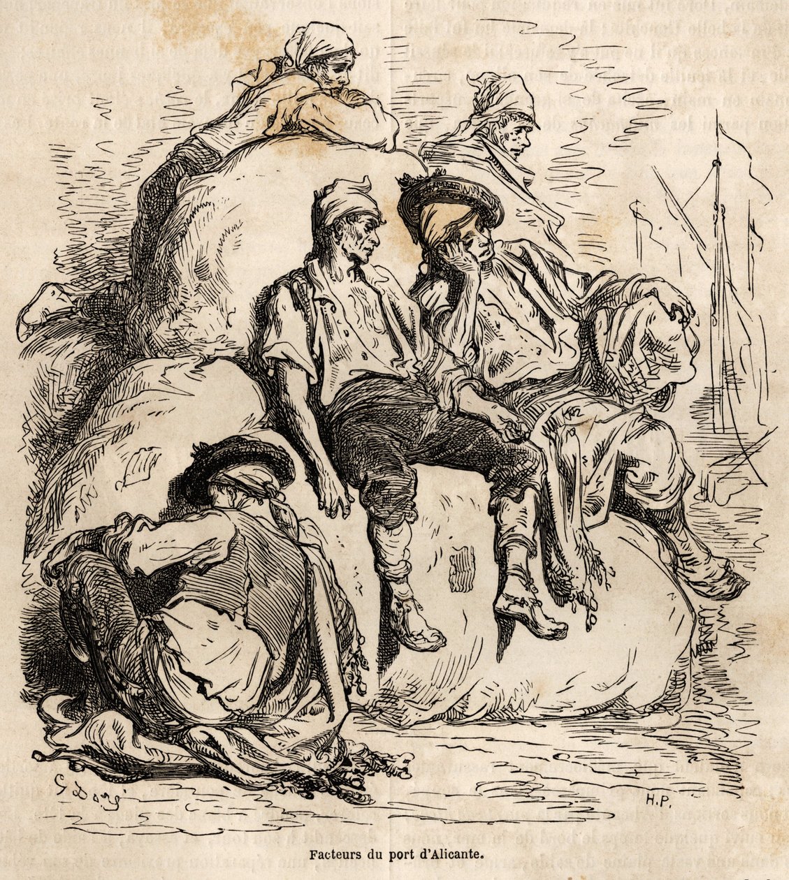 Blunden til transportørene i havnen i Alicante, skisse laget på den livlige Gustave Dore (1832-1883), for å illustrere hans reise til Spania, i 1862, med Ch. Davillier. Gravering i "" Le tour du monde"", redigert av Edouard Charton av Gustave Dore