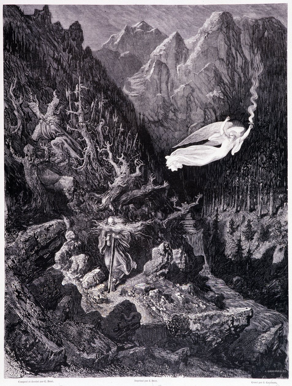 Den gamle mannen som holder en veske og stokken som går i et fiendtlig landskap, overvinnes av en engel som vinker med ilden, Plate VII - Illustrasjon av Gustave Dore (1832-1883), for La legende du Jew wandering av Pierre Dupont, Edition Librairie du magas av Gustave Dore
