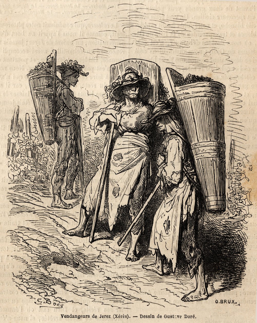 Plukkerne av Xeres. Tegning av Gustave Dore (1832-1883), for å illustrere hans reise til Spania i 1862, med Ch. Davillier. Gravering i "" Le tour du monde"", redigert av Edouard Charton av Gustave Dore