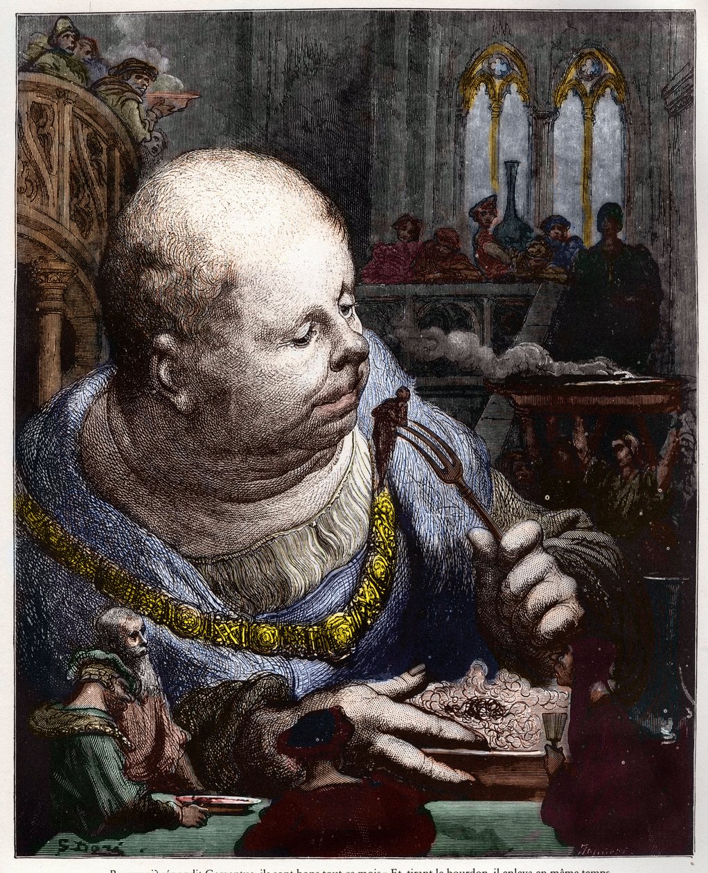 Pilegrimene blir spist i salater - illustrasjon fra "Gargantua og Pantagruel", av Francois Rabelais - gravering av Gustave Dore av Gustave Dore