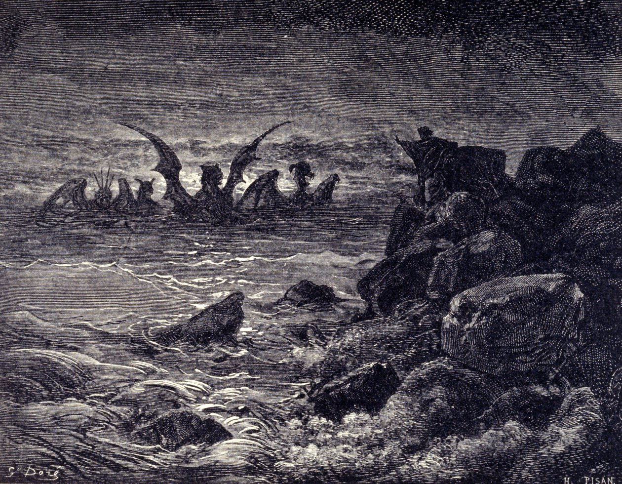 Profeten Daniel ser monstre dukke opp: Haniel, Kafziel, Azriel, Aniel. Gravering fra Bibelen illustrert av Gustave Dore. 1800-tallet av Gustave Dore