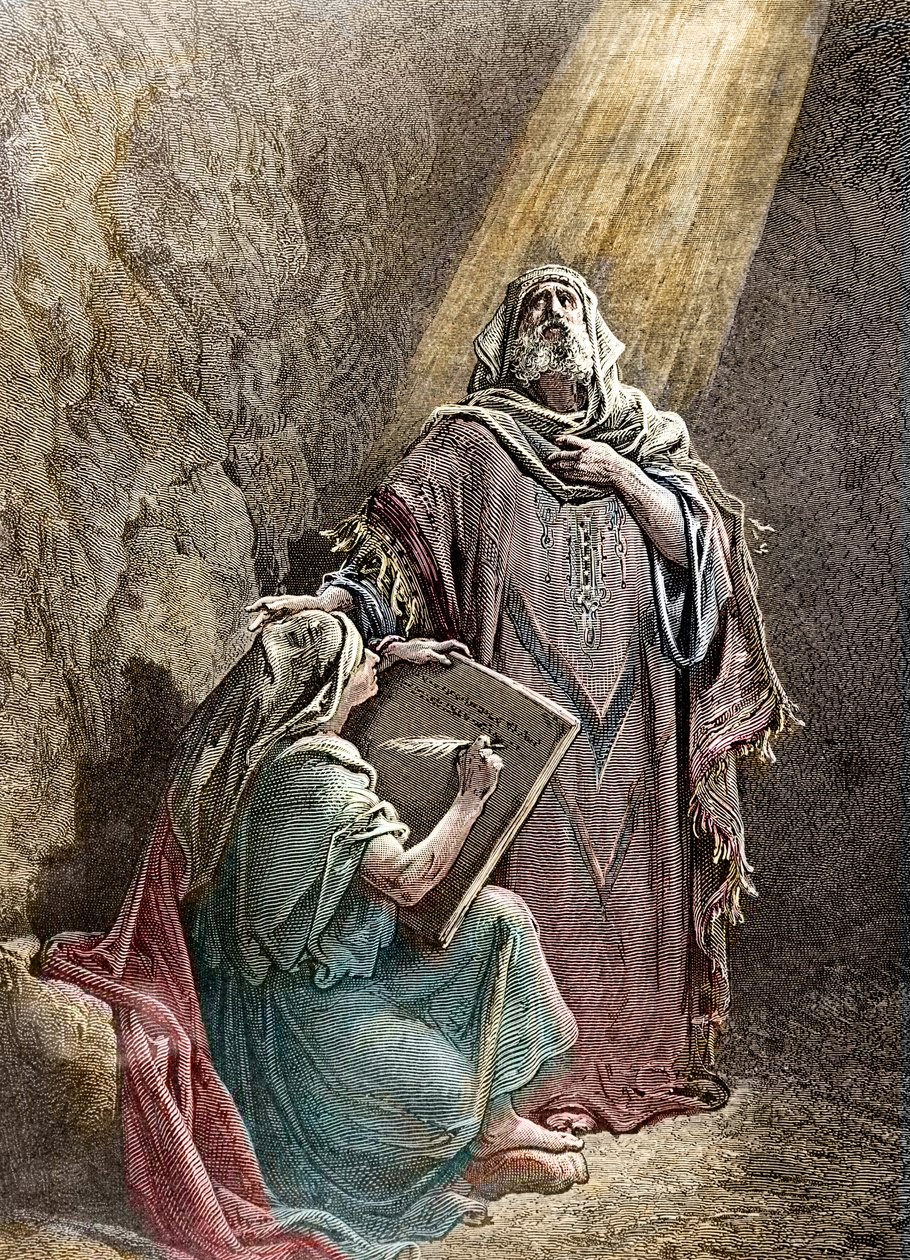 Profeten Jeremie dikterer sine profetier til Baruch - Colorisee-gravering av Pannemacker, fra Bibelen til Gustave Dore (1832-1883) - Jeremiah (650-585 f.Kr.), hebraisk profet. Jeremia dikterer sine profetier til Baruk. Gravering av Pannemaker, The Bibl av Gustave Dore