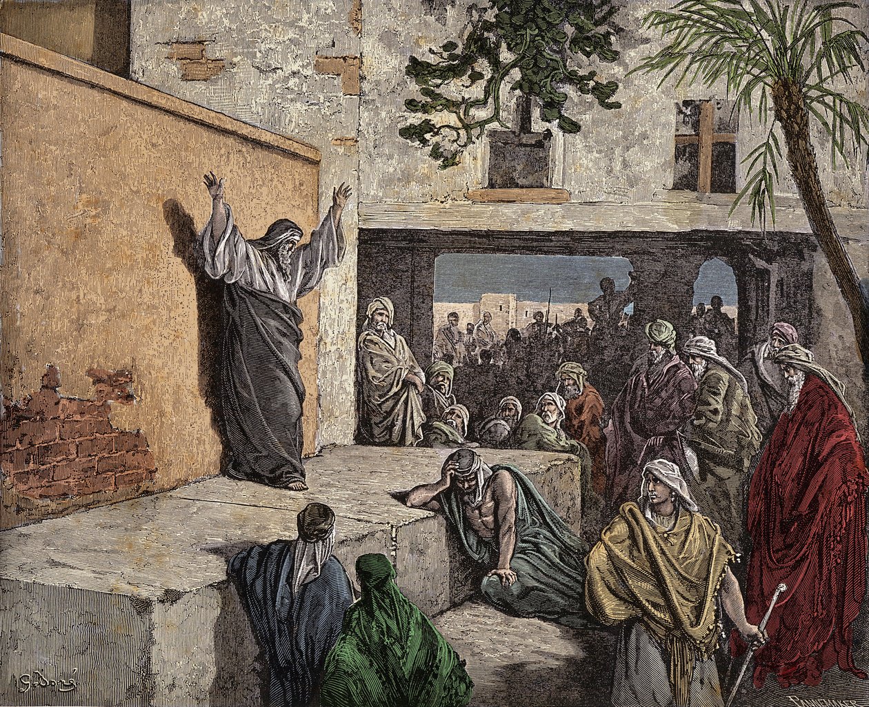 Profeten Michee formaner Israels folk til omvendelse Gravering fra 