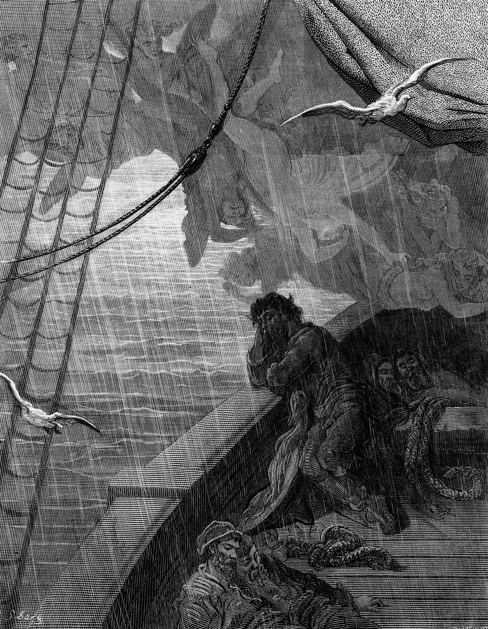 Regnet begynner å falle, scene fra 'The Rime of the Ancient Mariner' av ST Coleridge, utgitt av Harper und Brothers, New York, 1876 (tregravering) av Gustave Dore
