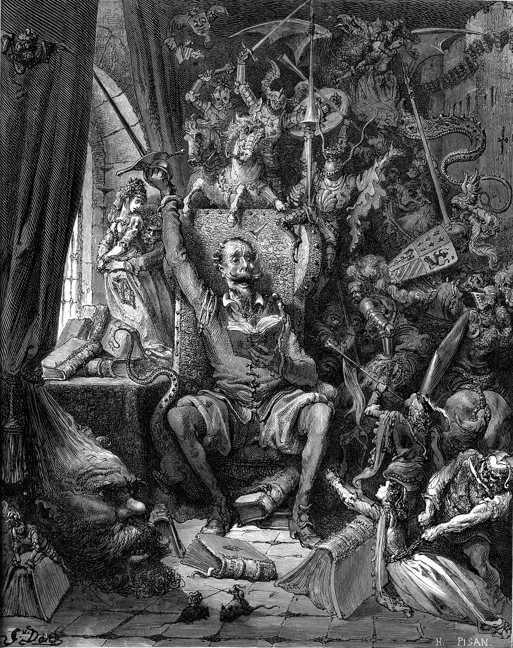 Lesingen av Don Quijote (Quixote eller Qijote). Gravering av Gustave Dore som illustrerer Hachette-utgaven fra 1869 av boken "" L'ingenieux hidalgo Don Quixote de la Mancha"" (Mancha) av Miguel de Cervantes Saavedra, oversettelse av av Gustave Dore