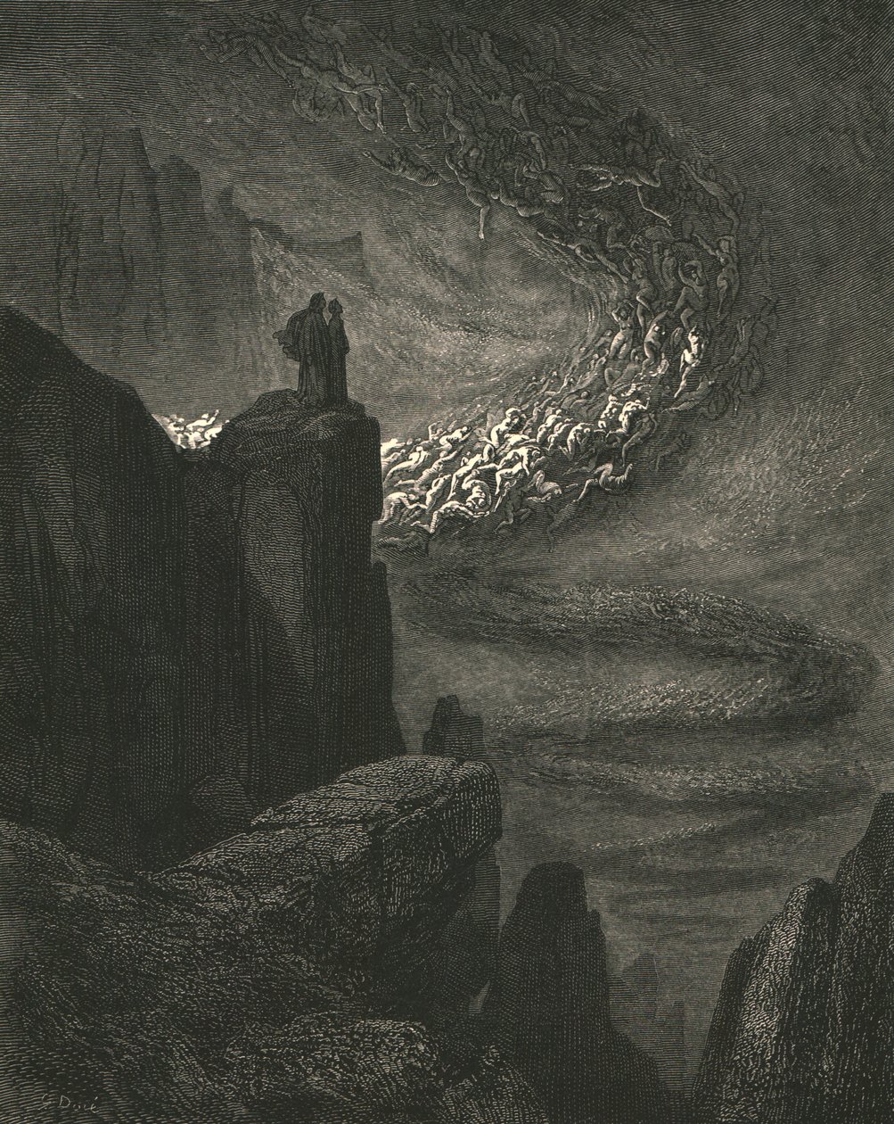 Helvetes stormende eksplosjon med rastløs raseri driver åndene videre, c1890. av Gustave Dore
