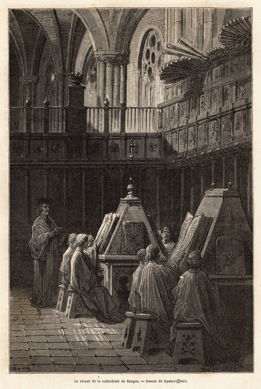 Studiet av salme av koret til Cathedrale Santa Maria de Burgos (1400-tallet), hvis gudstjeneste har det særegne ved å bli sunget der av fem forskjellige kor siden 1600-tallet. Tegning av Gustave Dore (1832-1883). Gravering til syk av Gustave Dore