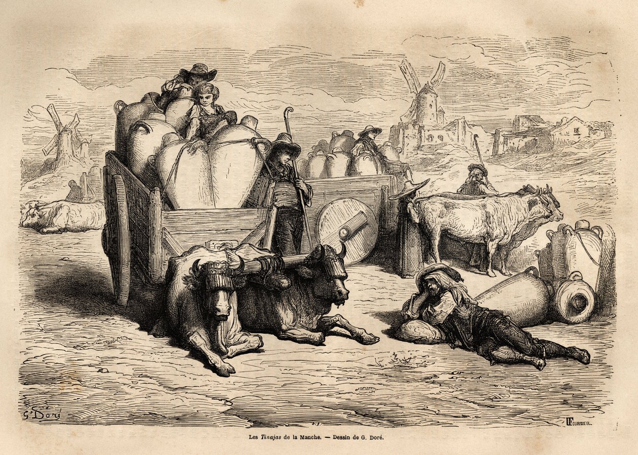 Kanalens tinajas, bruken av disse enorme jordkrukkene erstatter bruken av tønner og bruken av dem er veldig gammel. Gravering for å illustrere reisen til Spania av Gustave Dore (1832-1883) illustratør og baron Ch. Davillier-reaktor, i 1862, utgitt i av Gustave Dore