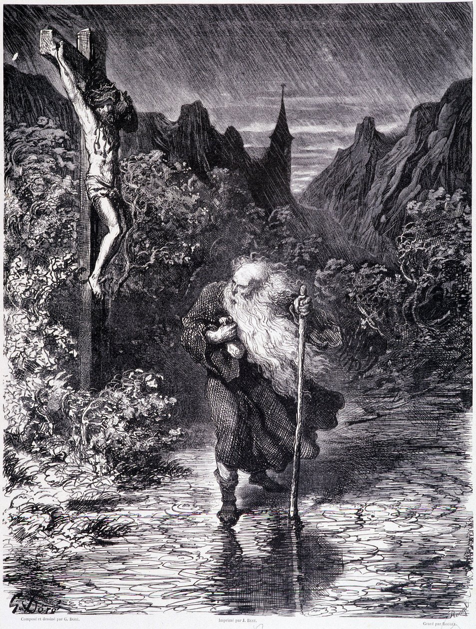 Den vandrende jøden som passerer nær en Golgata - i "Legenden om den vandrende jøden"" av Gustave Doré, bokhandel i den pittoreske butikken av Gustave Dore