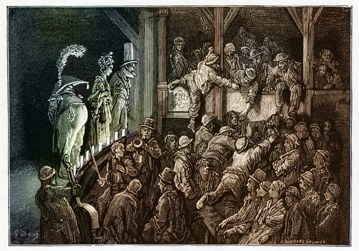 Teater: publikum under en teaterforestilling. Fargerik gravering fra «London, a Pilegrimsreise» illustrert av Gustave Dore (1832–1883) av Gustave Dore
