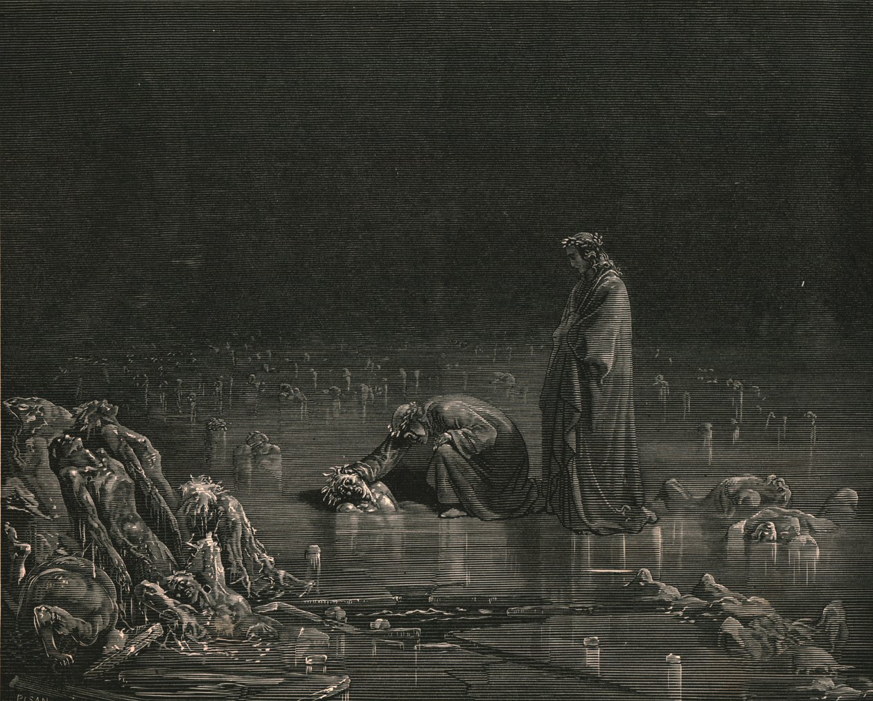 Så grep jeg den bakre hodebunnen hans og ropte: Nevn deg, eller ikke skal et hår ligge her, c1890. av Gustave Dore