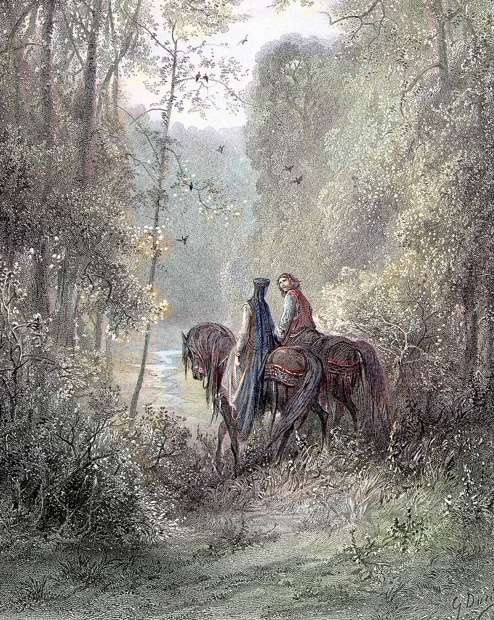 De tapte under lunder som så ut til å være et paradis av blomster (Guenièvre og Lancelot) - i "" Guenièvre"" av Alfred Tennyson, ill. av Gustave Doré Paris, Librairie Hachette et Cie av Gustave Dore