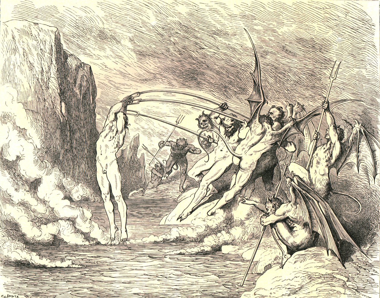 Når det er sagt, grep de ham med mer enn hundre kroker, c1890. av Gustave Dore