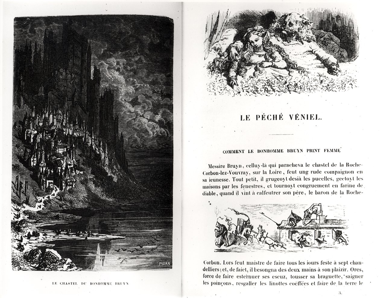 To illustrerte sider fra 'Les Contes Drolatiques' av Honore de Balzac (1799-1850) gravert av Heliodore Joseph Pisan (1822-90) av Gustave Dore