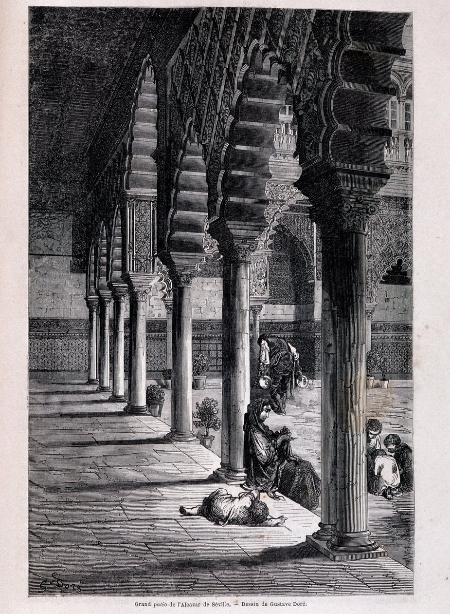 Utsikt over den store uteplassen til Alcazar i Sevilla - av Doré, i "" Tour du Monde"", 2. sem. 1866. av Gustave Dore