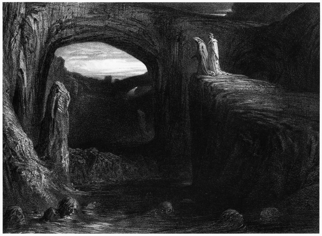 Virgil (70-19 f.Kr.) og Dante kommer inn i helvete, illustrasjon fra 