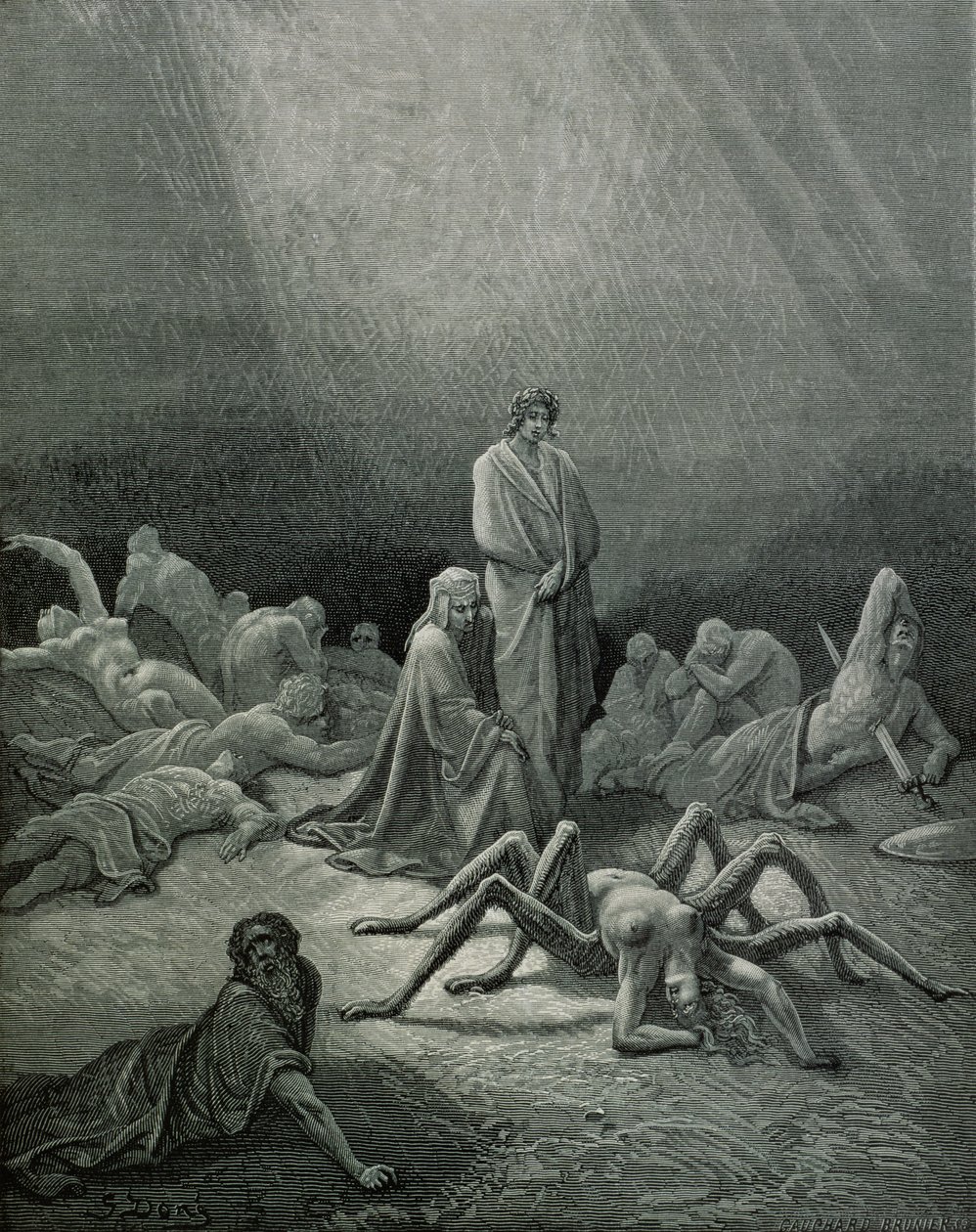 Virgil (70-19 f.Kr.) og Dante ser på edderkoppkvinnen, illustrasjon fra 