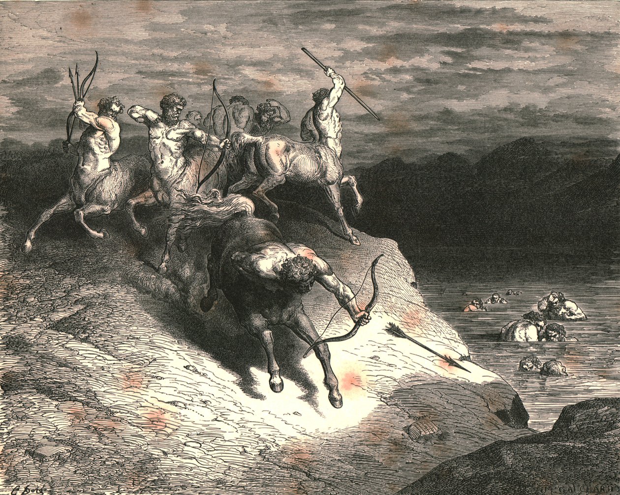 Vi til disse beistene, som raskt skred frem, nærmet oss, da Chiron tok en pil frem, ca 1890. av Gustave Dore