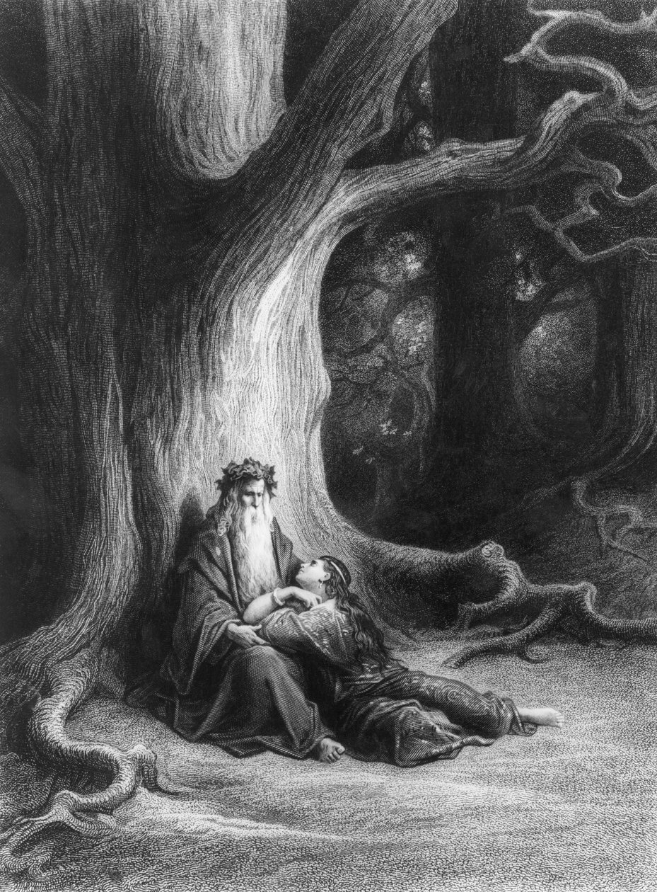 Magikeren Merlin og feen Vivien i Brocéliande-skogen. Basert på diktet "Vivien" av Alfred Tennyson (utgitt av Verlag Hachette, Paris, 1868) av Gustave Dore