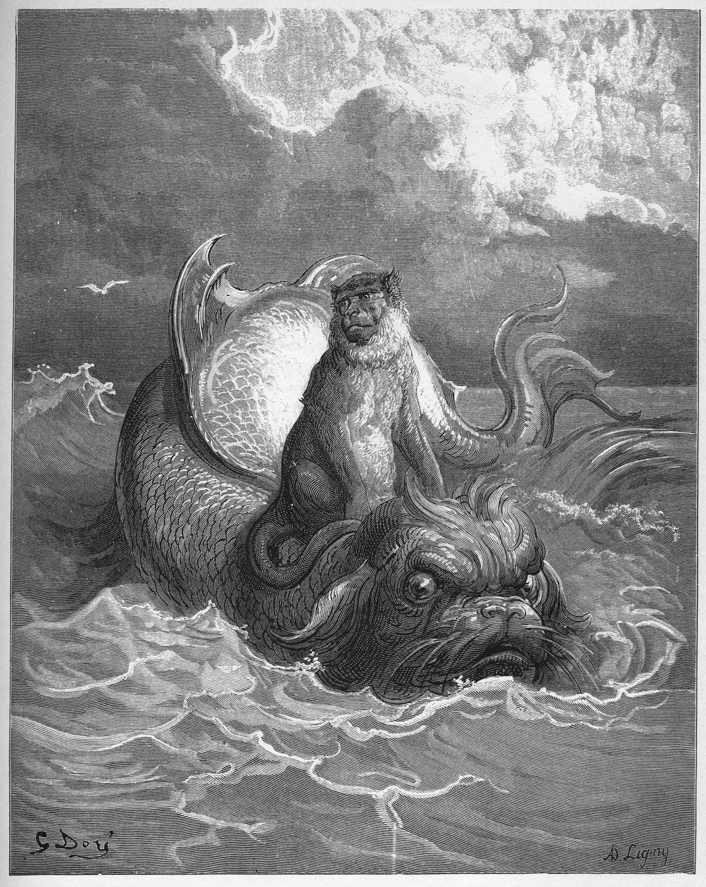 aper og delfiner - fra "Fables" av Jean de La Fontaine av Gustave Dore