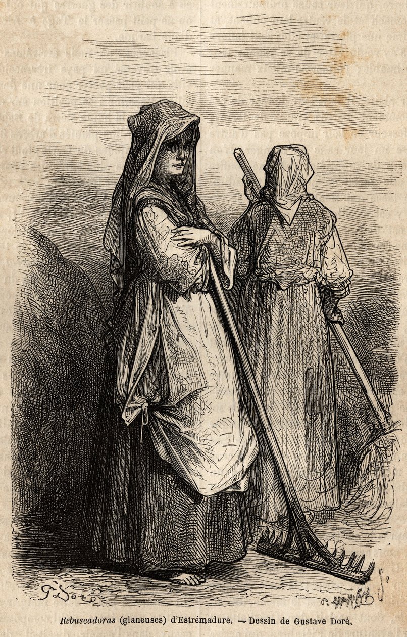 samlerne i Estremadure, med sine store treriver for å plukke opp den delen av avlingen som ble glemt på åkrene etter innhøstingen. Gravering for å illustrere reisen til Spania av Gustave Dore (1832-1883) illustratør og baron Ch. Davillier reagerer av Gustave Dore