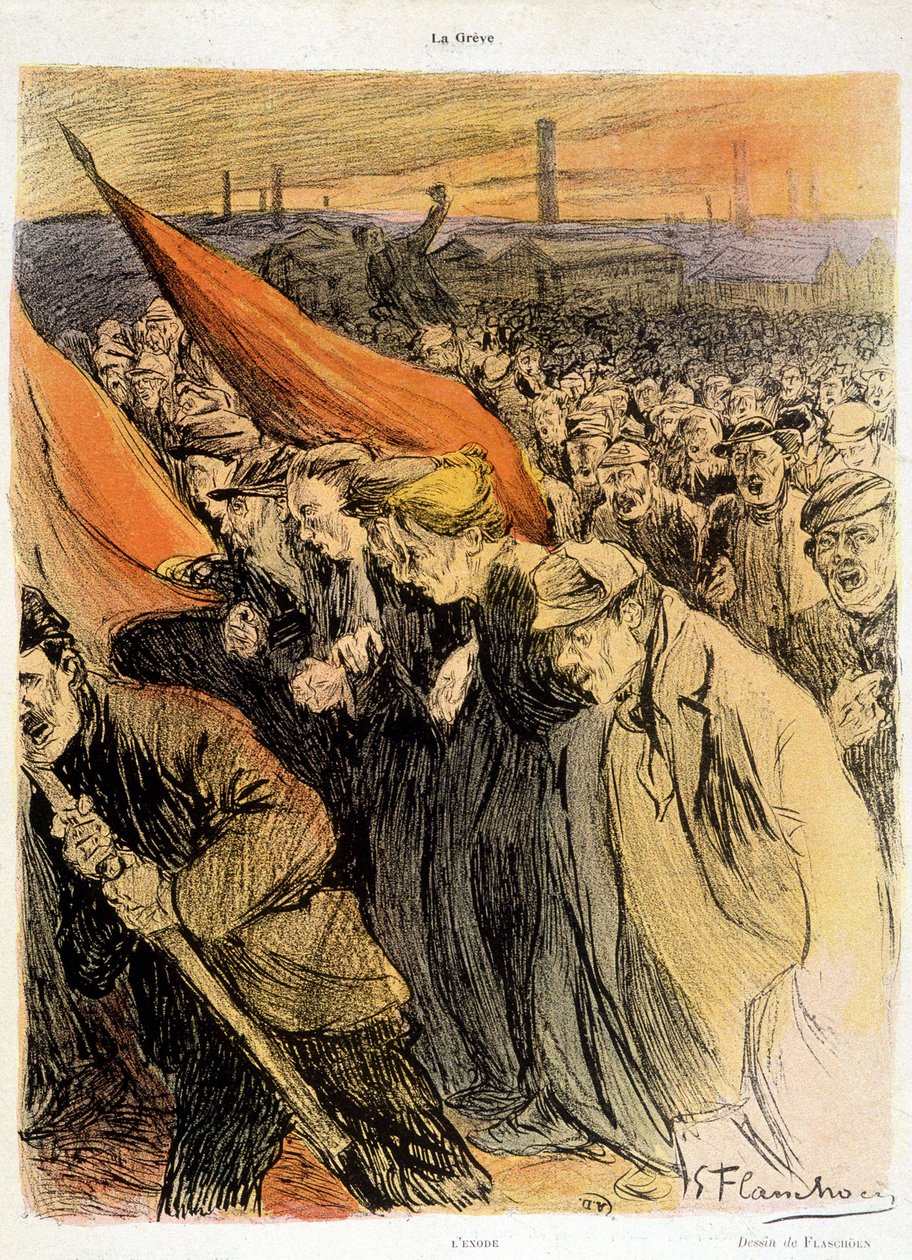 Buet publikum med røde flagg, "" La Grève"" av Flaschoën, deb. 20. s. av Gustave Flasschoen