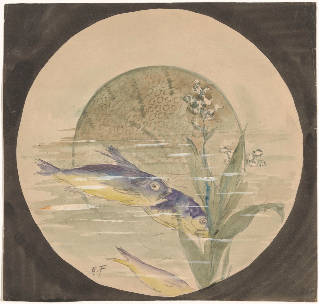 Design for en tallerken med tre blå-gule fisker som svømmer ned i nærheten av en vannplante av Gustave Fraipont (signed by artist)