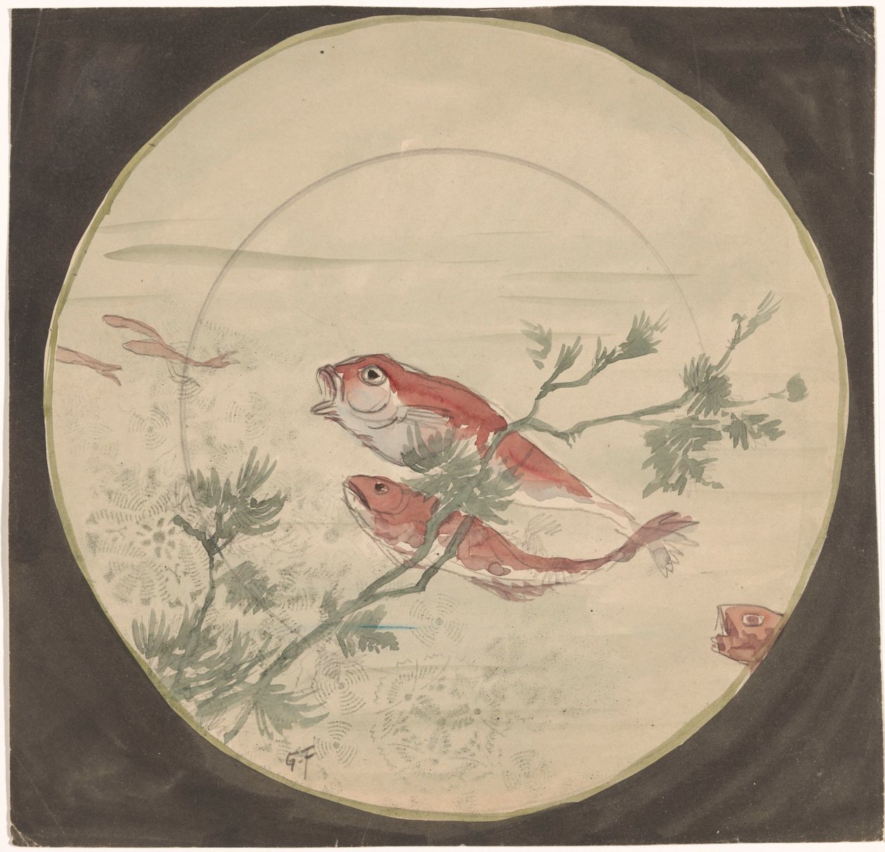 Design for et skilt med rød fisk som svømmer opp av Gustave Fraipont (signed by artist)