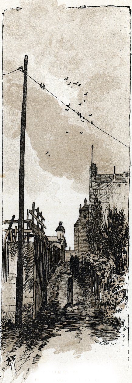 Alley mellom avenue de Versailles og bredden av Seinen, Auteuil, paris (Allé mellom avenue de Versailles og seine-elven, Auteuil-distriktet, Paris) Tegning av Gustave Frainpont (1849-1923) henter fra Saint-Juirs av Gustave Fraipont