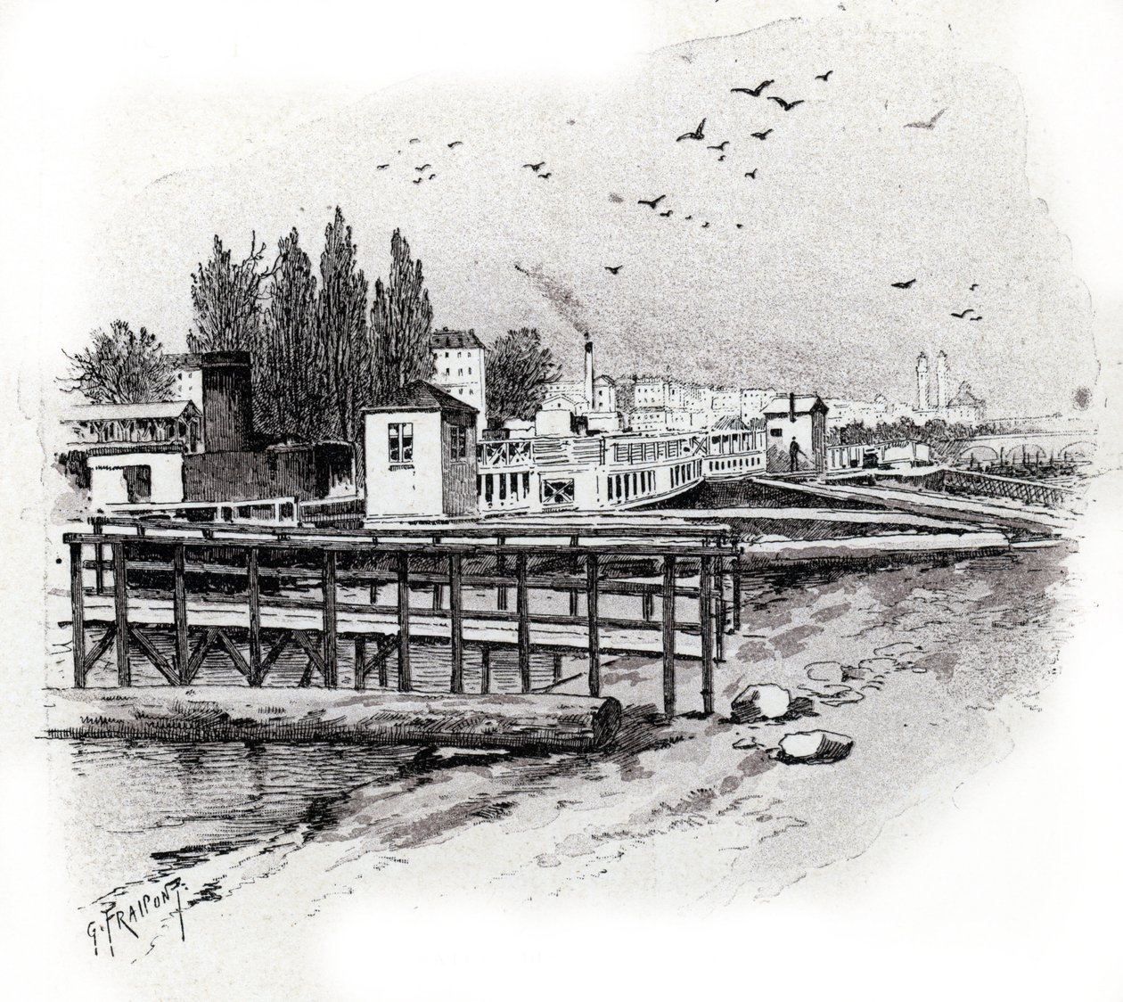 Vannbusser (pendlerbåter) reparasjonsverksteder på not-elven i Paris Tegning av Gustave Fraipont (1849-1923) henter fra «La seine a travers Paris» av Saint-Judges av Gustave Fraipont